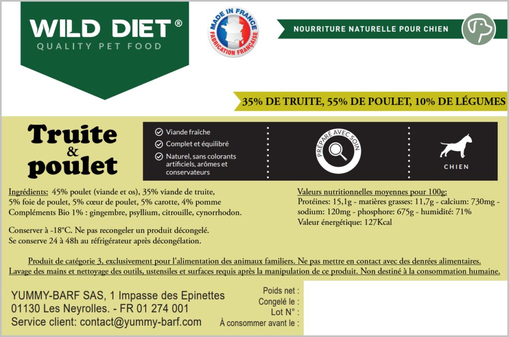 Saucisson/Boudin Wild Diet Truite et Poulet Chien et Chat
